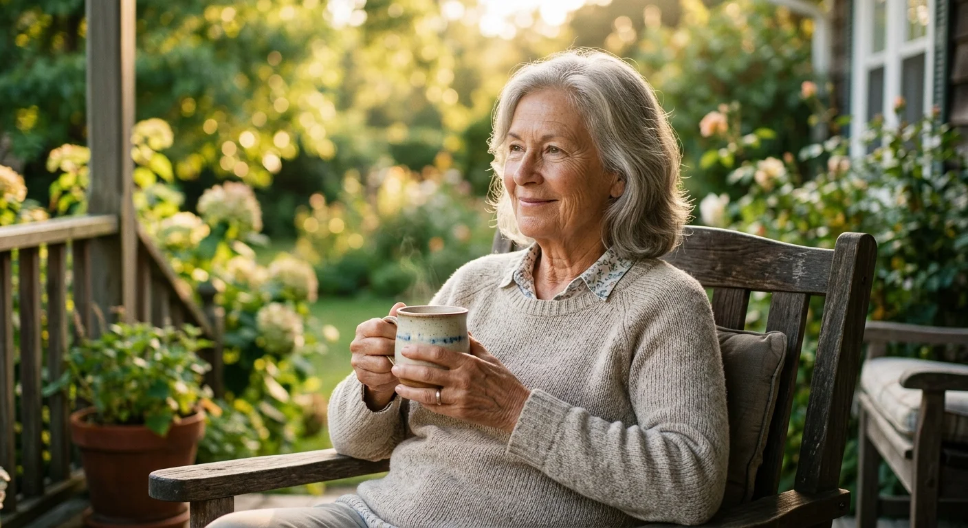 An older woman smiling contentedly on her porch during golden hour, holding a warm mug and enjoying her retirement.