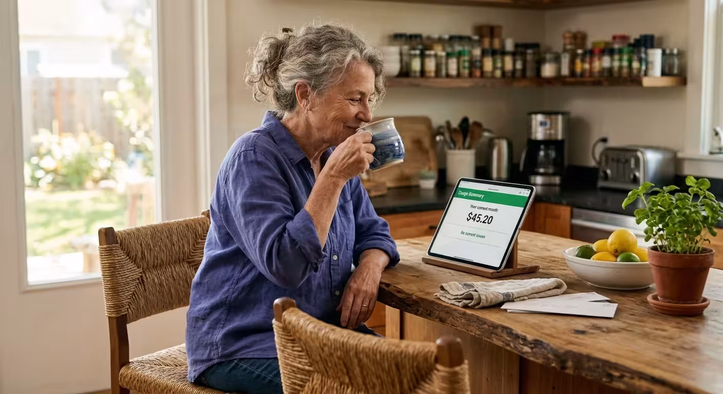 An older woman smiling while looking at a clear, simple utility bill on her tablet in a sunlit kitchen.