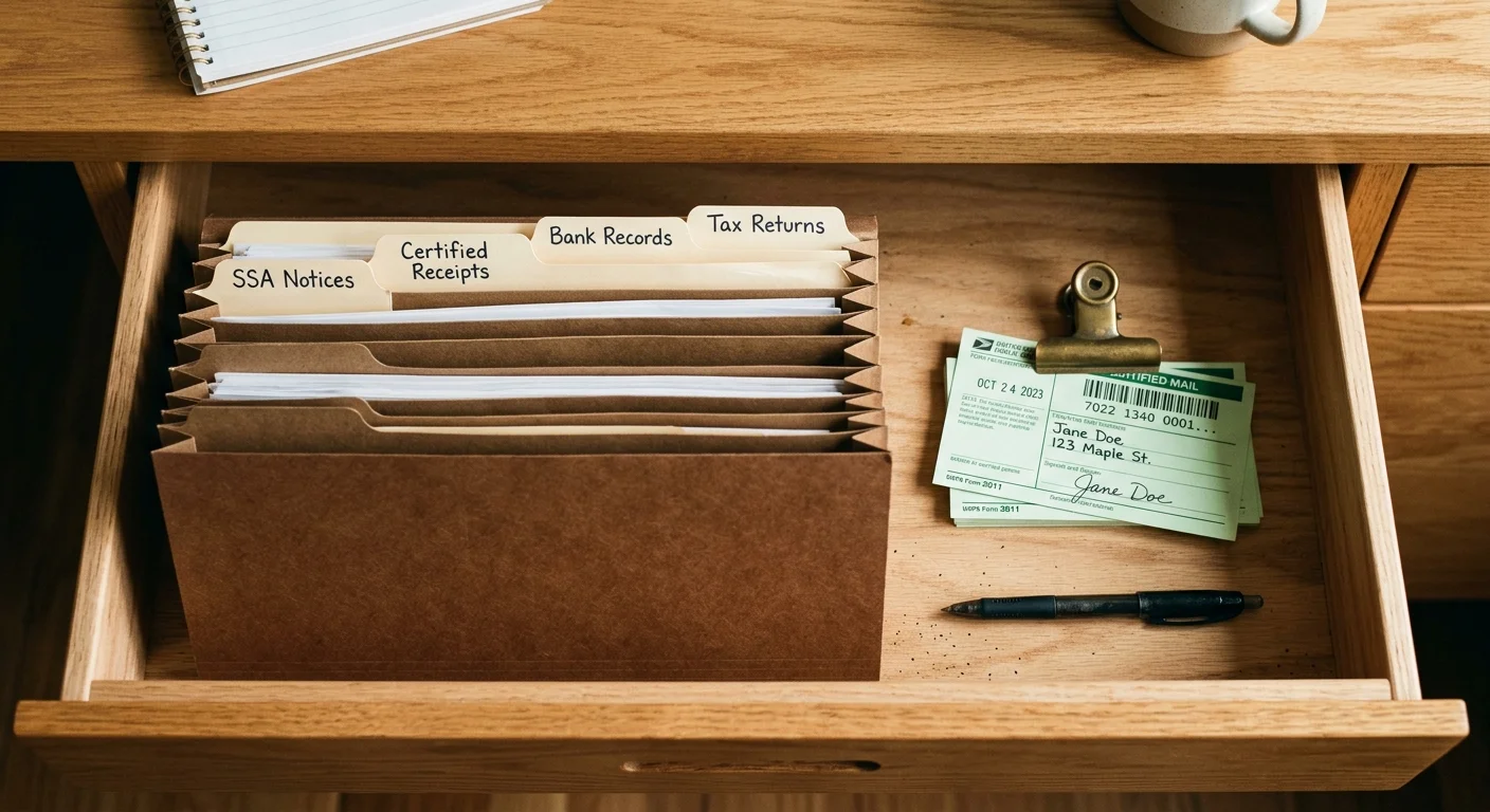 An organized accordion file folder on a desk with tabs labeled for SSA notices, certified receipts, and bank records.