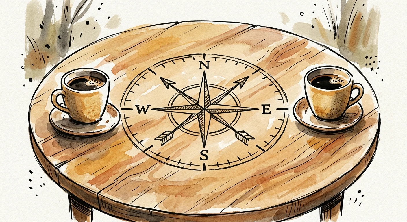 An overhead minimalist illustration of a wooden table with two coffee cups and a compass rose in the center.