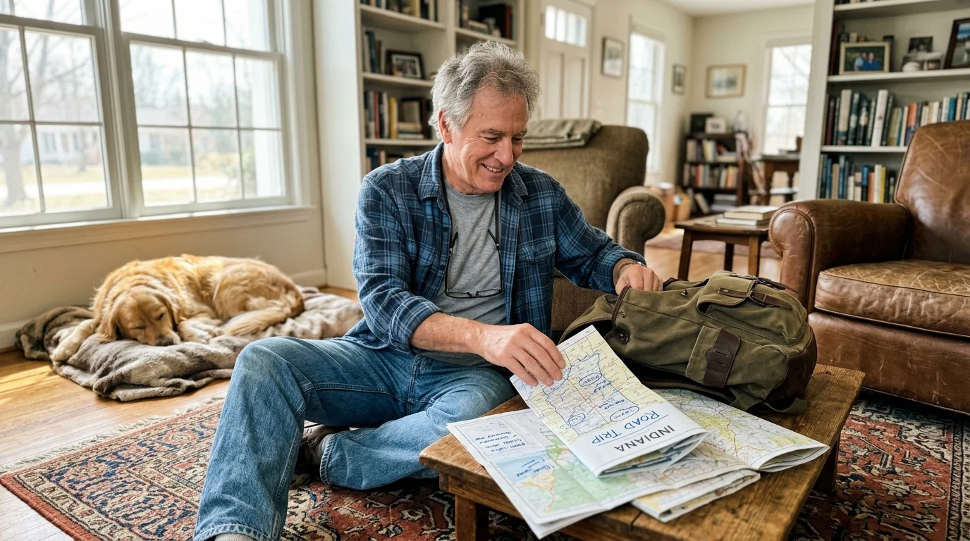 Candid indoor photograph of a retired man happily packing a travel bag in his comfortable Indiana home.