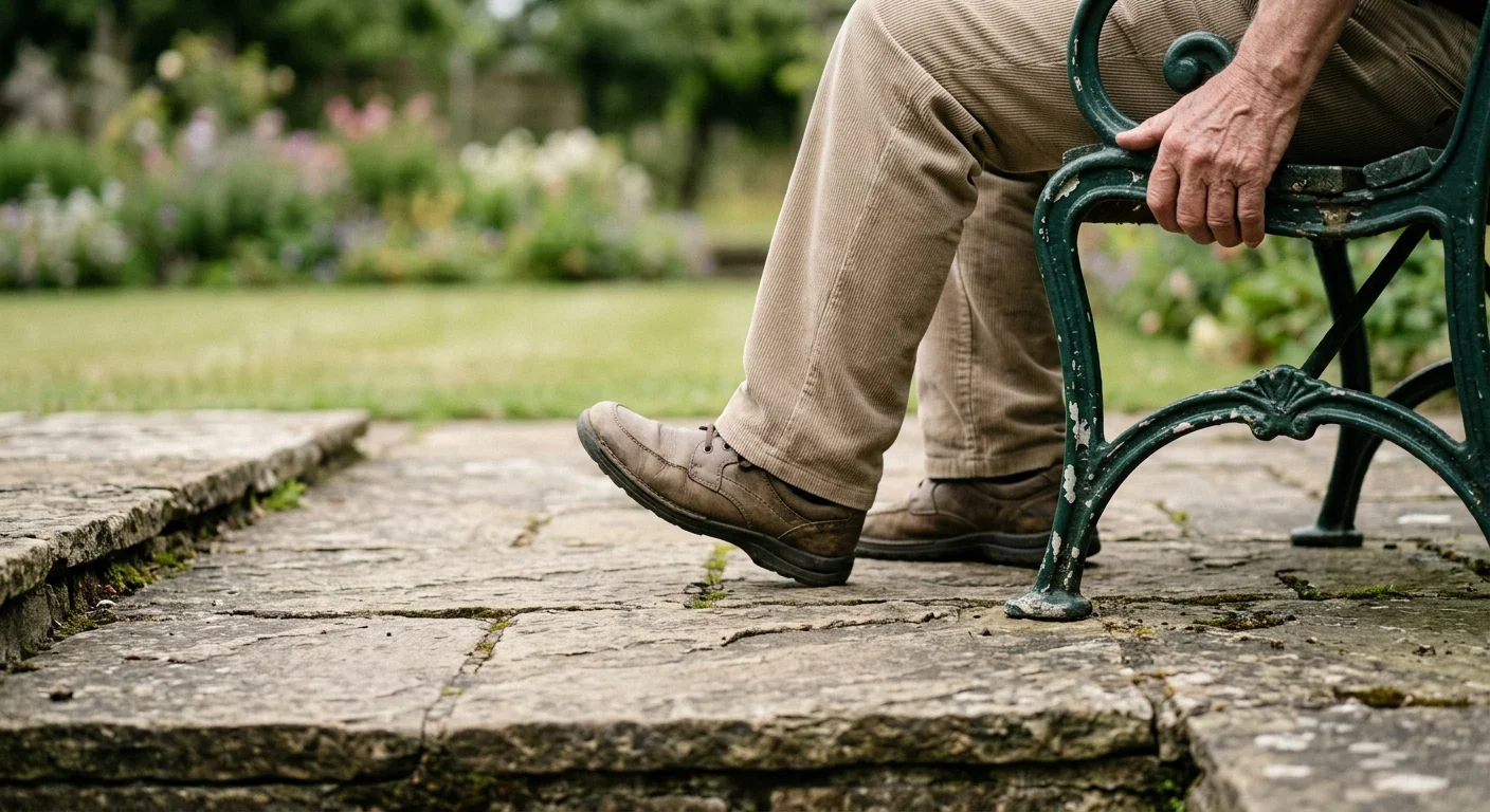 Close-up of a person's feet stepping unsteadily on a flagstone path, reaching for a chair.