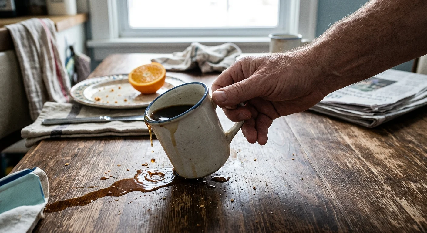 Close-up of a person's hand losing its grip on a ceramic coffee mug on a kitchen table.