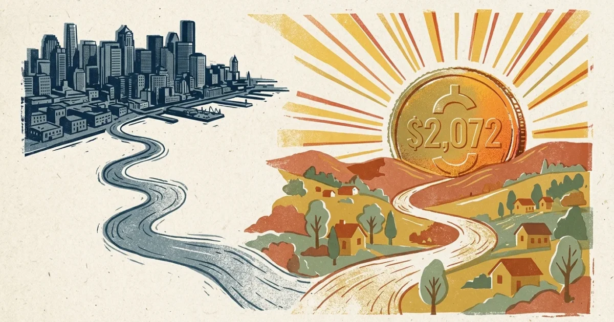 Editorial illustration of a path leading from cold gray city buildings toward a warm landscape under a giant coin marked $2,072.