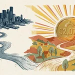 Editorial illustration of a path leading from cold gray city buildings toward a warm landscape under a giant coin marked $2,072.