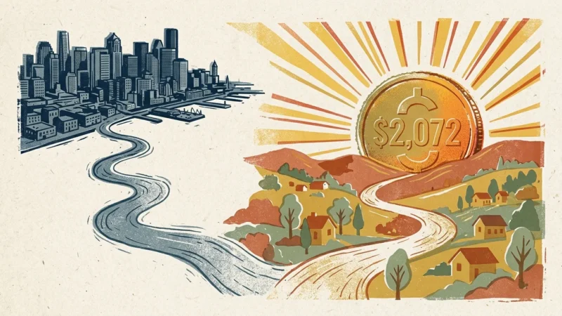 Editorial illustration of a path leading from cold gray city buildings toward a warm landscape under a giant coin marked $2,072.
