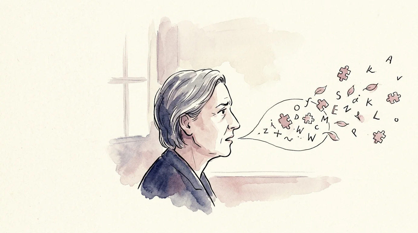 Editorial illustration of a profile silhouette with letters drifting out of a speech bubble.