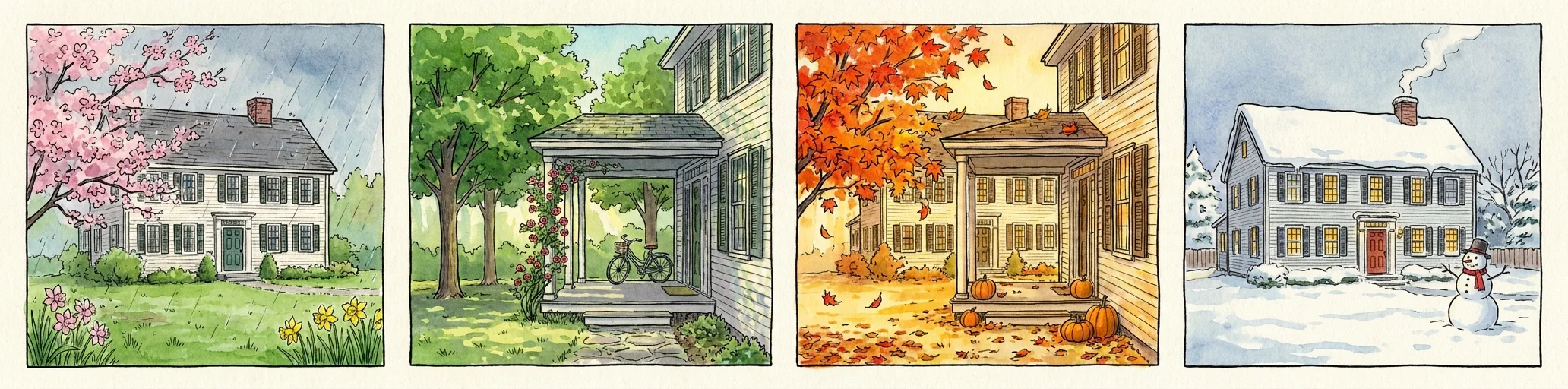 Four watercolor panels showing the seasonal beauty of a New England home in Manchester, New Hampshire.