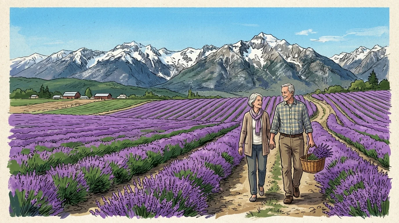 Gouache illustration of an older couple walking through a purple lavender field in Sequim, Washington, near mountains.