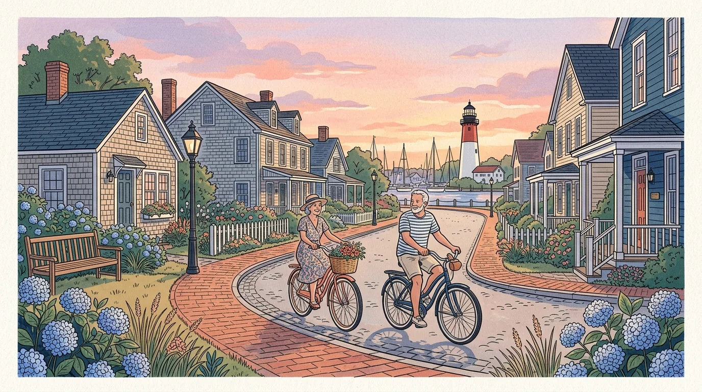 Gouache illustration of retirees riding beach cruiser bikes down a historic, coastal street in Lewes, Delaware.