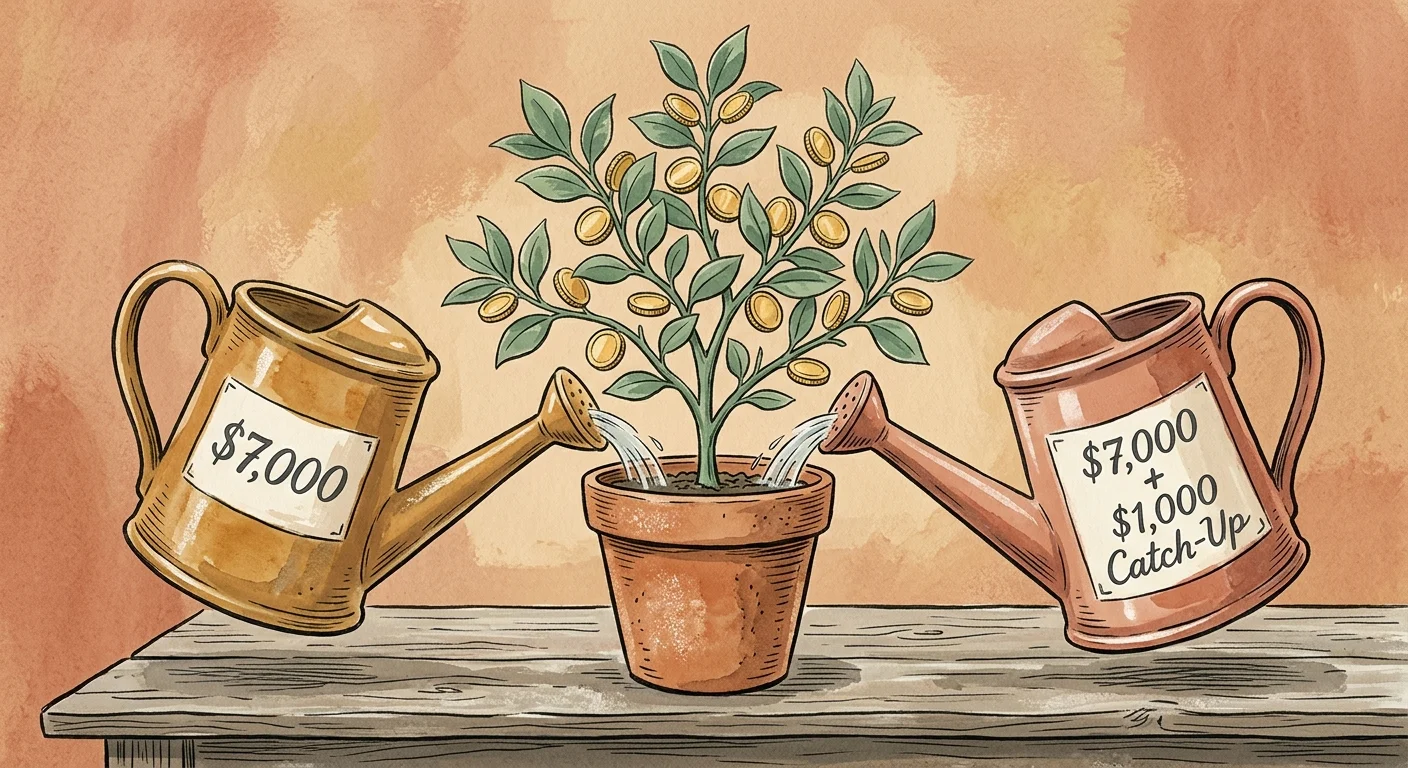Gouache illustration of two watering cans representing individual and spousal IRA contributions feeding a growing plant.
