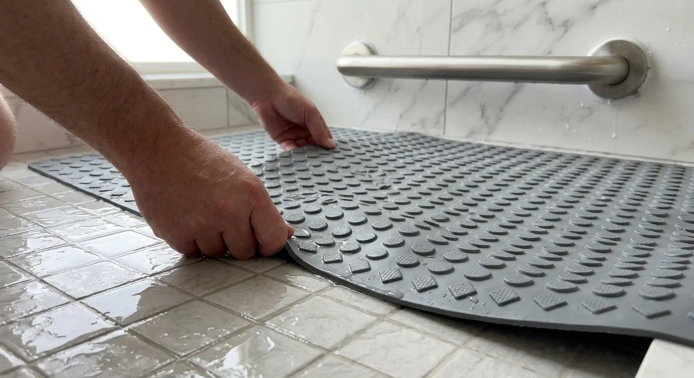Hands placing a non-slip rubber mat on a tiled shower floor near a metal grab bar.