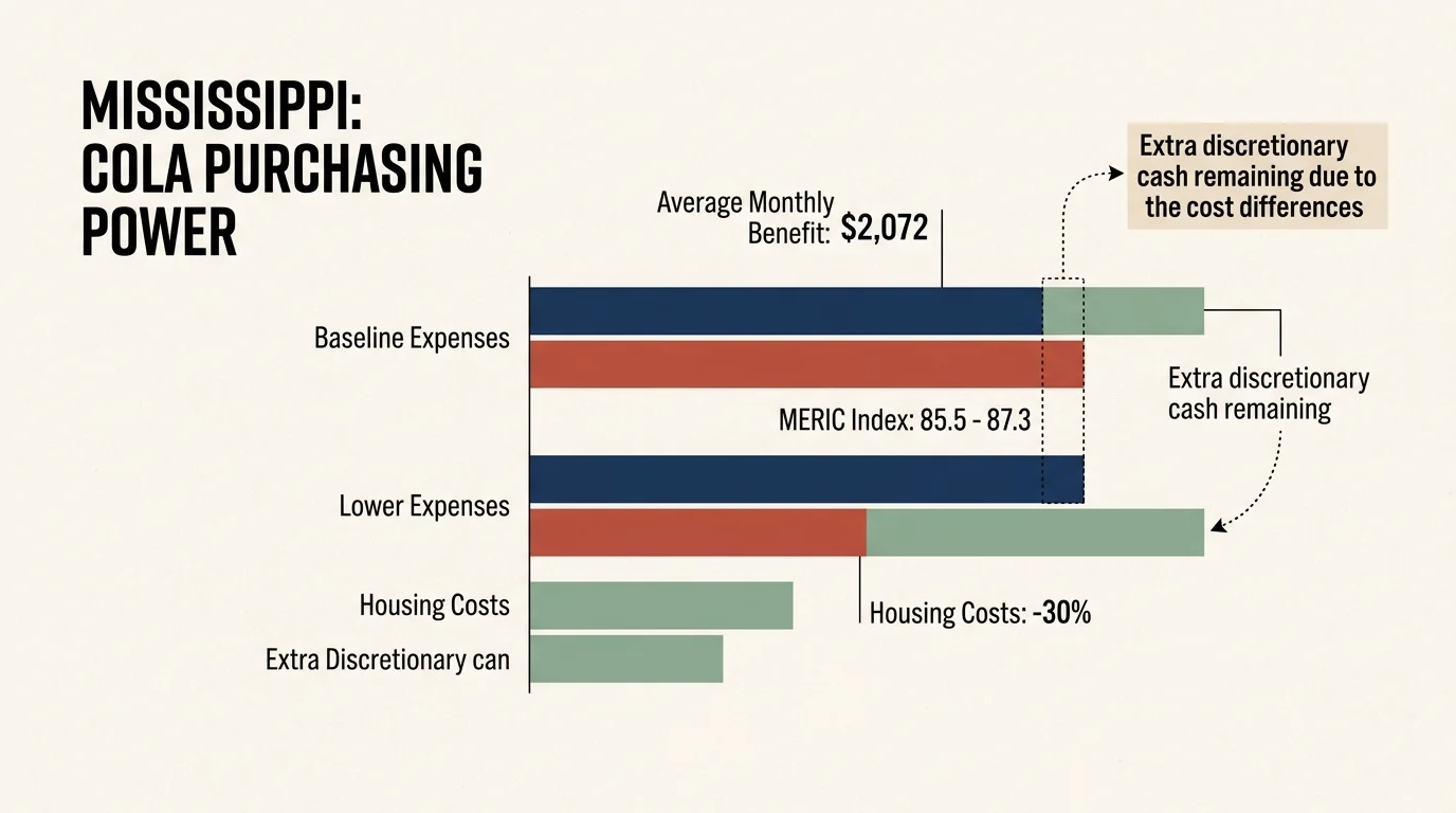 Minimalist data chart comparing Mississippi's cost of living with the national average, highlighting a thirty percent savings on housing.