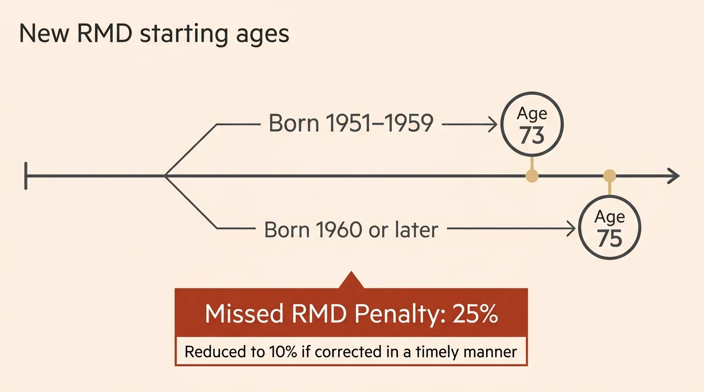 Minimalist diagram showing RMD starting ages of 73 and 75, alongside the 25% and 10% missed distribution penalties.