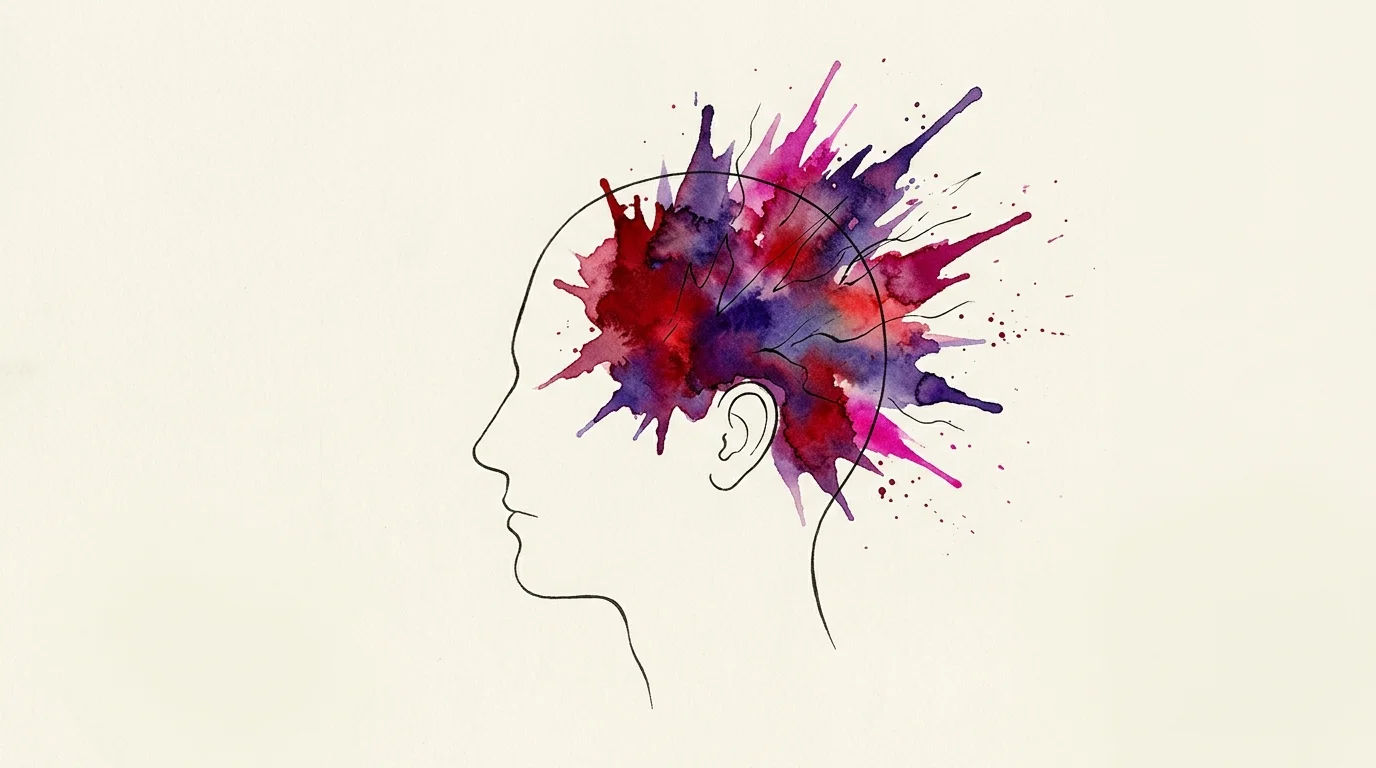 Minimalist illustration of a head profile with a sharp crimson watercolor burst at the temple.