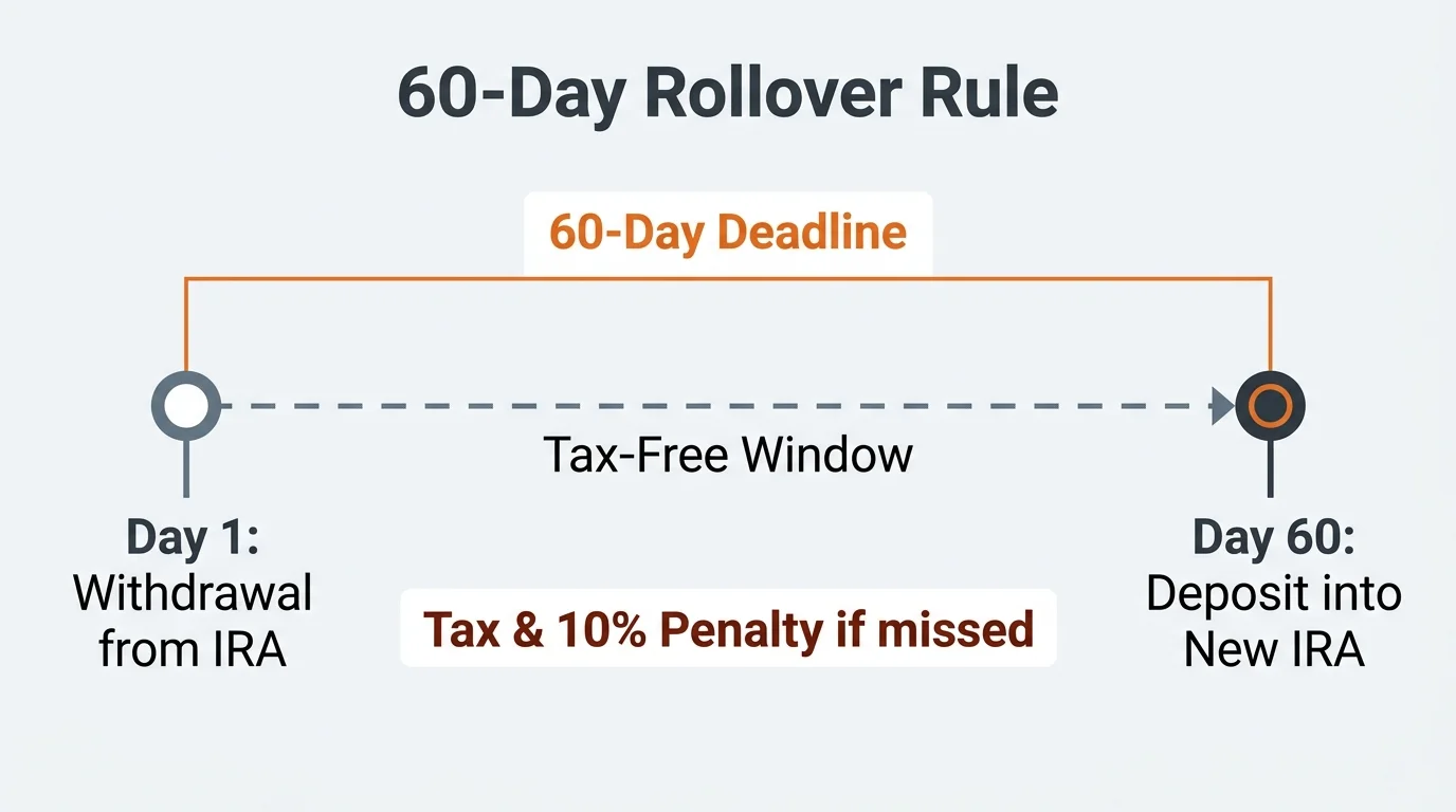 Minimalist timeline diagram illustrating the strict 60-day window required for a tax-free IRA rollover.