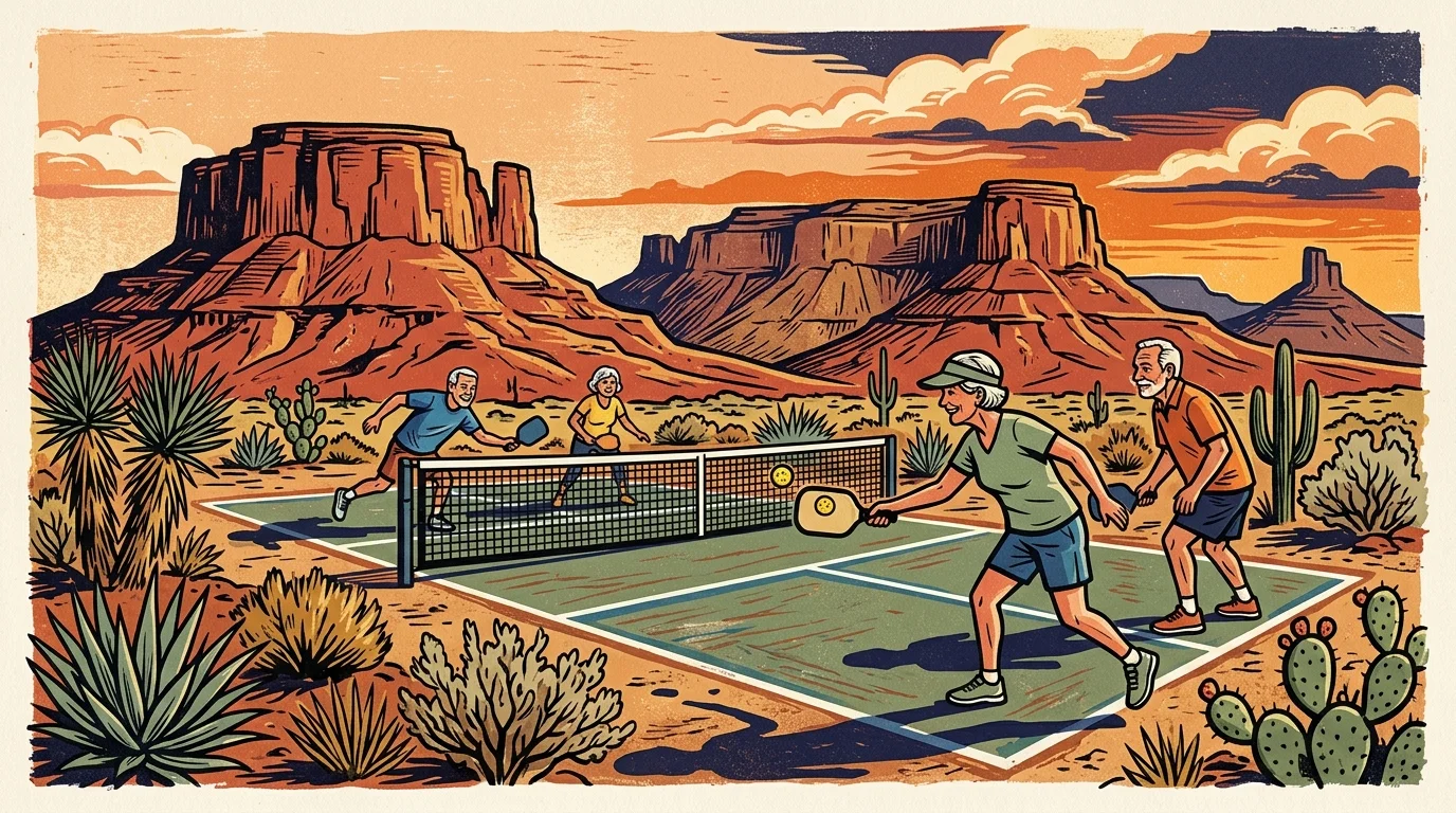 Screenprint illustration of retirees playing pickleball on a desert court in Mesquite, Nevada, near red mesas.