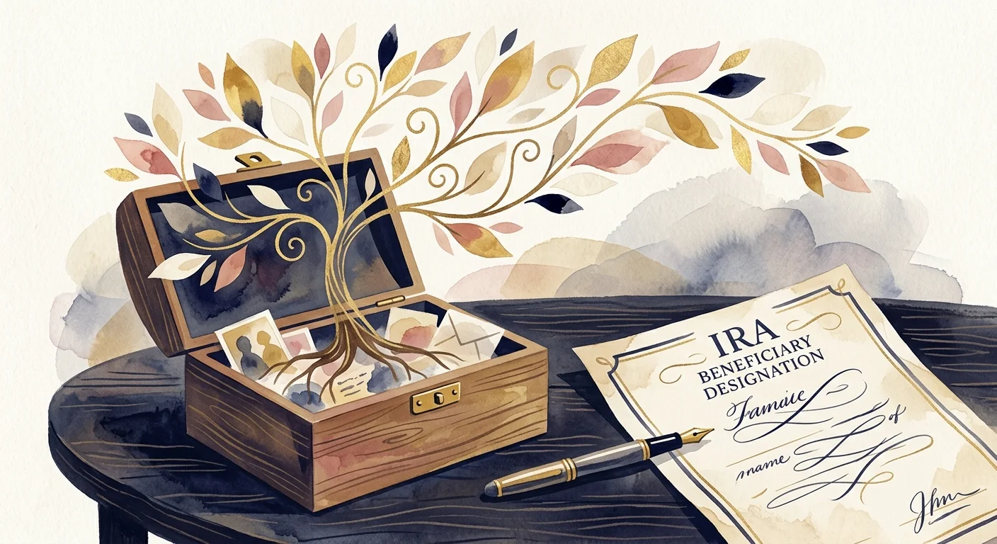 Stylized illustration of a family tree growing from a memory box next to an IRA beneficiary designation document.