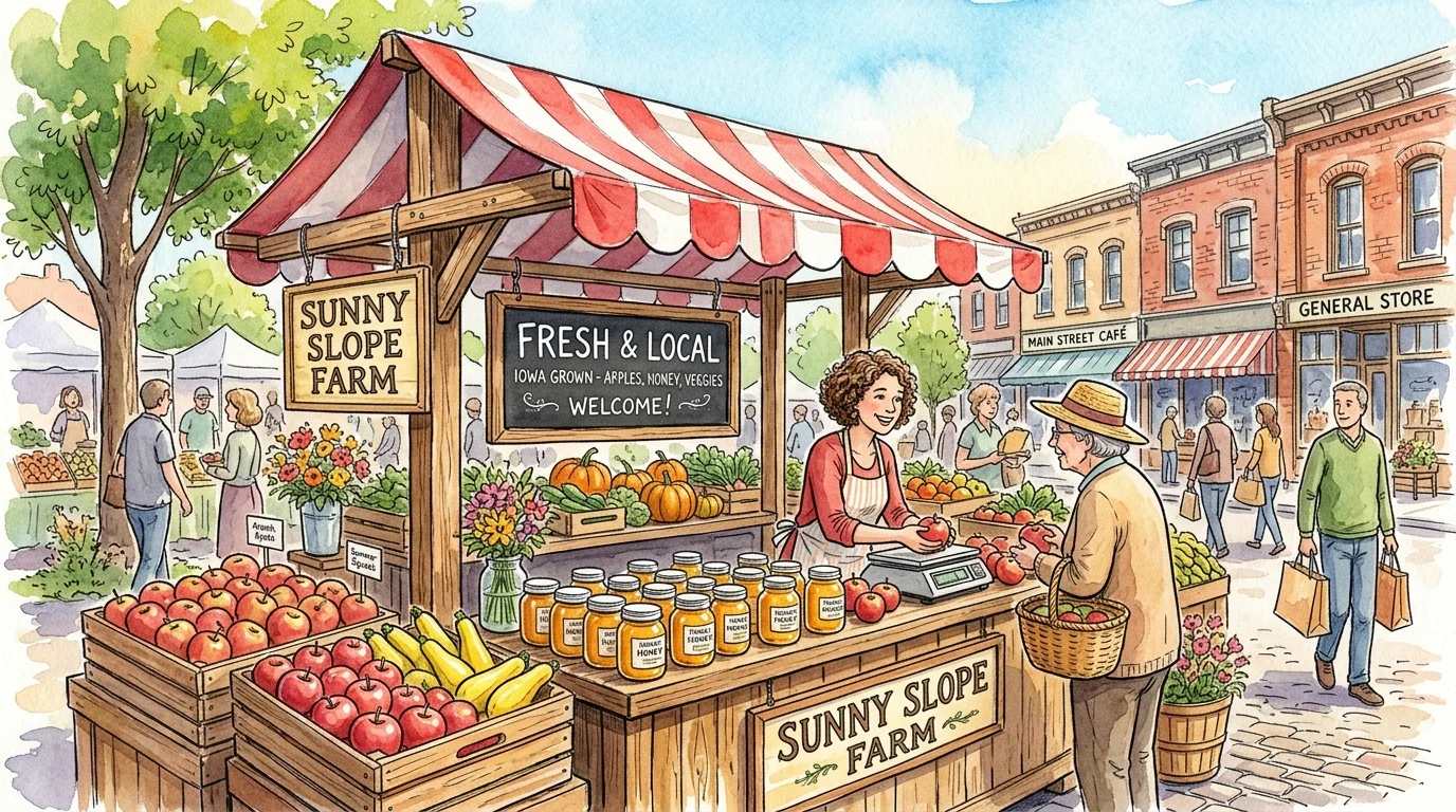 Watercolor illustration of a bustling, colorful farmers market stall in a friendly Iowa town.