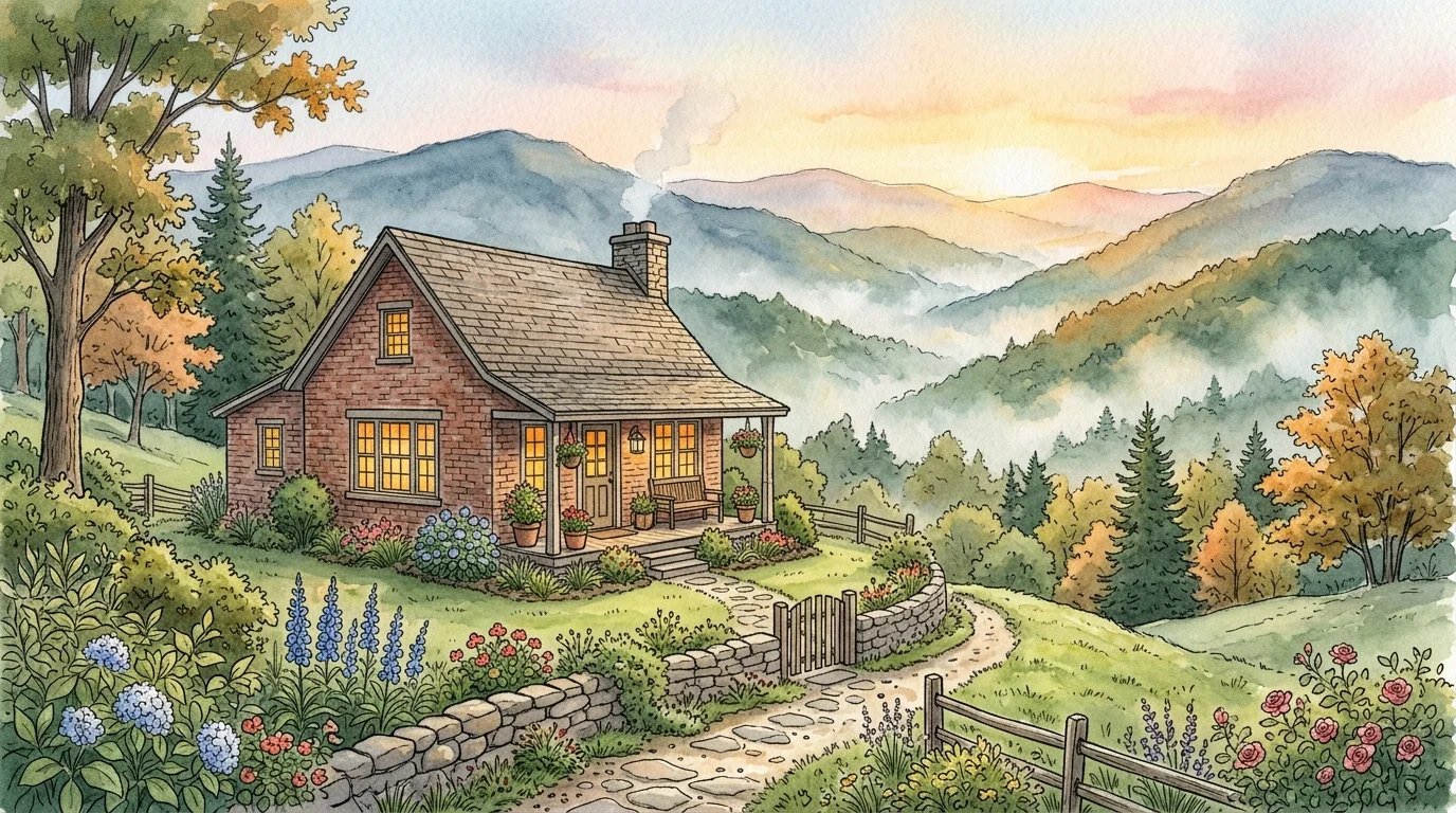 Watercolor illustration of a cozy brick home nestled in the peaceful, rolling Appalachian hills of West Virginia.