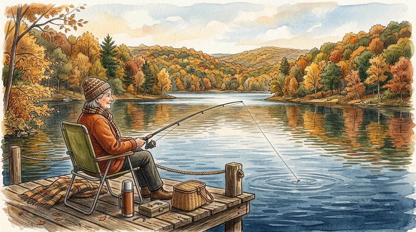 Watercolor illustration of a senior woman fishing peacefully from a wooden dock on an Ozark lake in autumn.