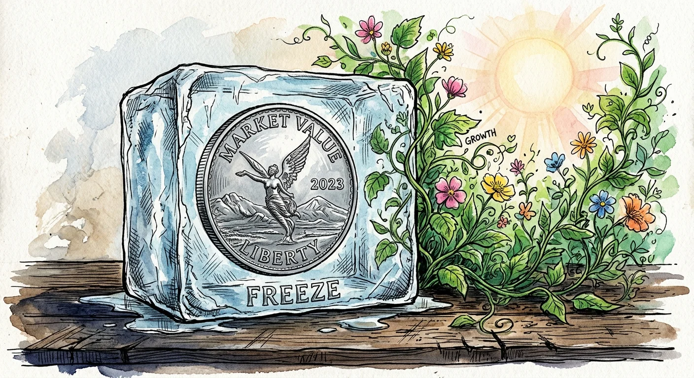 Watercolor illustration of a silver coin frozen in ice while vibrant green plants grow rapidly around it.