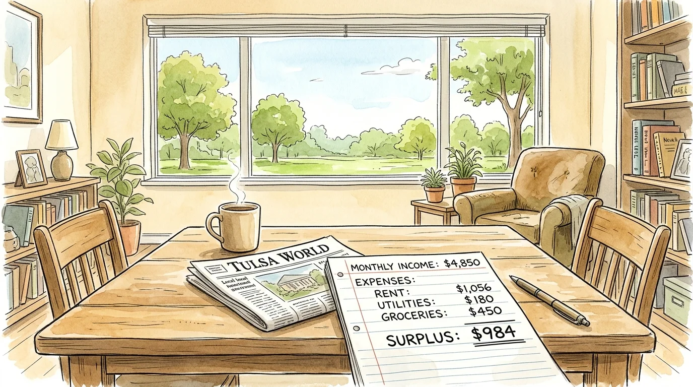 Watercolor illustration of a sunlit Oklahoma apartment interior with a budget ledger displaying a surplus.
