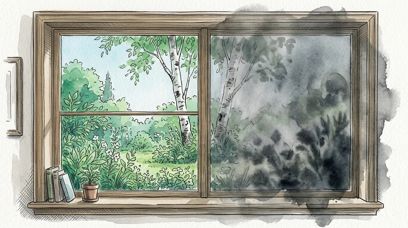 Watercolor illustration of a window looking onto a garden, with the right side blurred and grey.