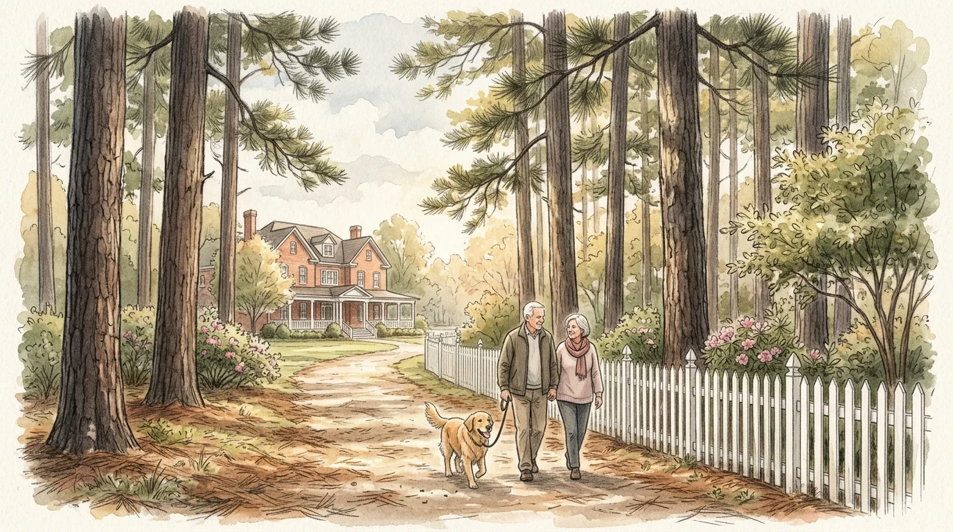 Watercolor illustration of an older couple walking their dog along a path beneath towering pines in Pinehurst, NC.