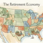 Watercolor map of the US with miniature illustrations of active retirees sailing, hiking, and gardening.