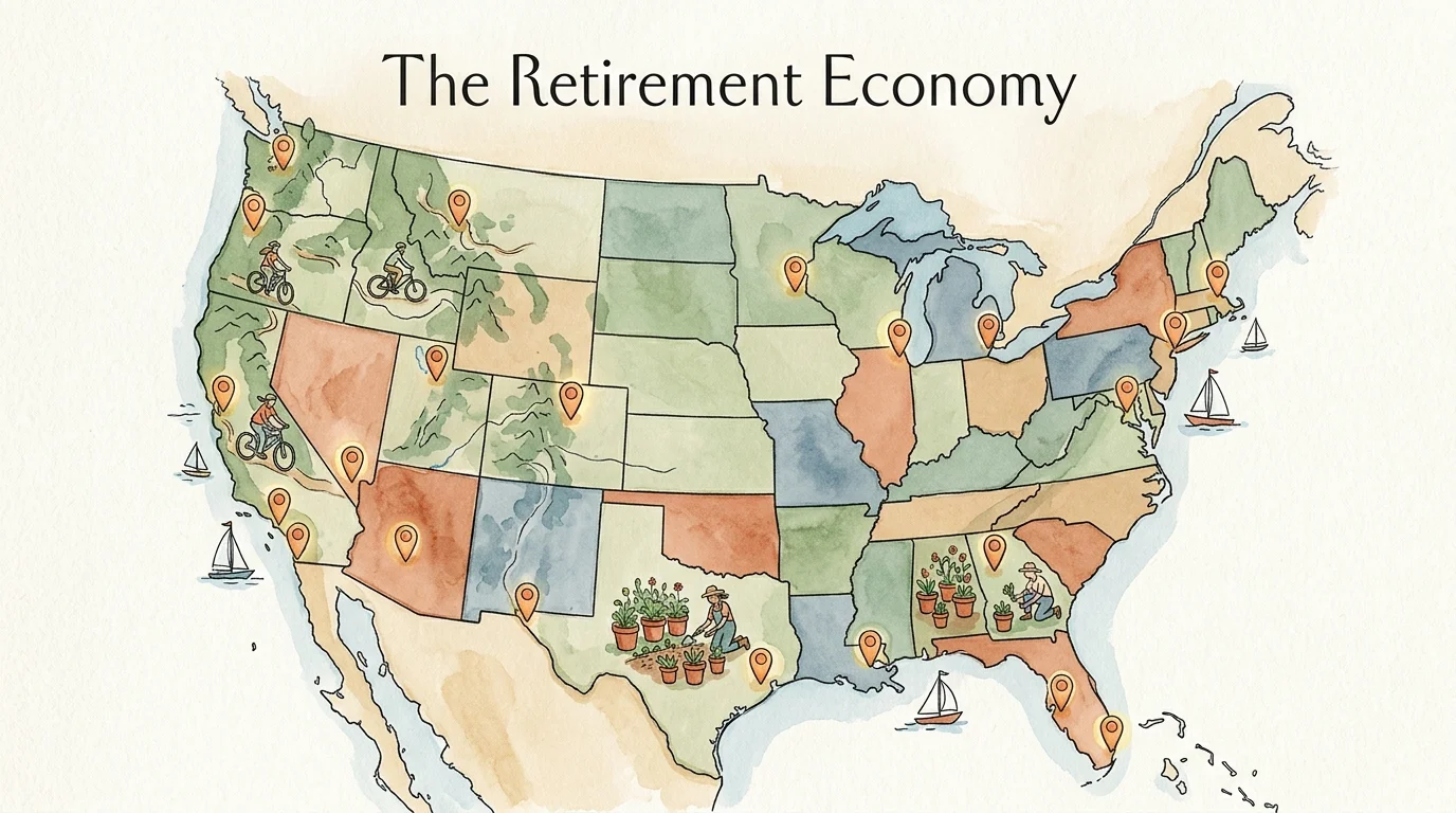Watercolor map of the US with miniature illustrations of active retirees sailing, hiking, and gardening.