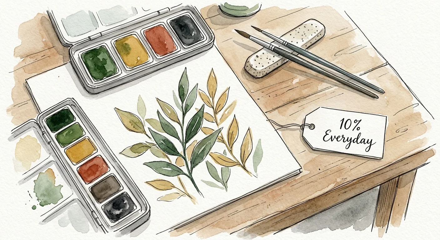 A beautiful watercolor illustration of an art desk with paintbrushes, paint, and a tag reading 10% Everyday.