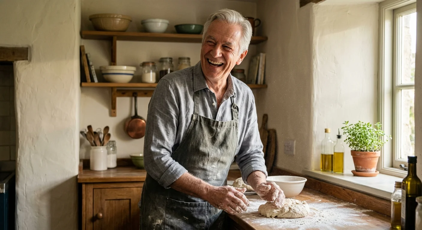 A candid photo of a happy older man kneading bread in a rustic, sun-drenched home kitchen.