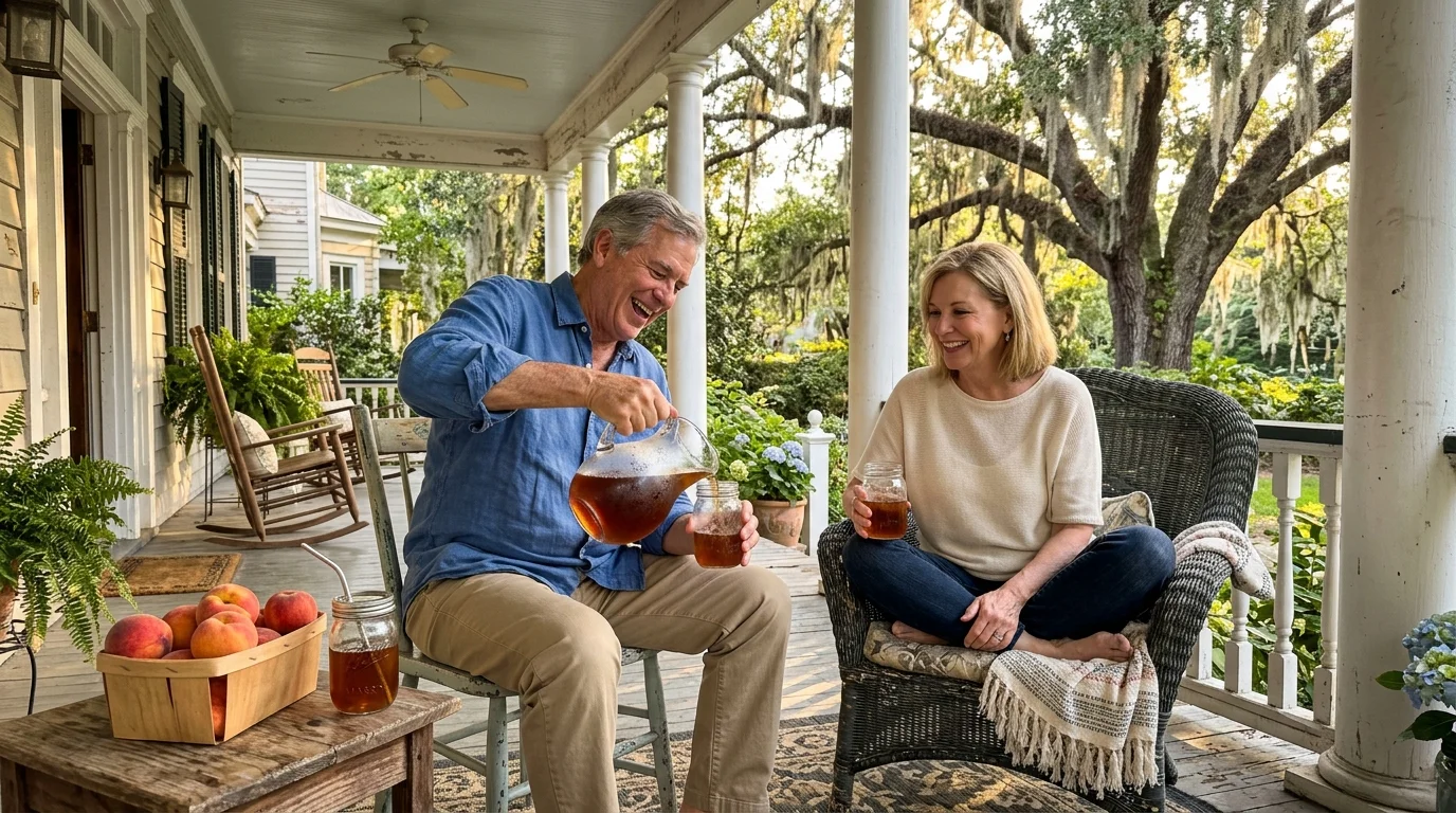 A candid photo of a senior couple laughing on a sunny porch in Georgia with sweet tea and a basket of fresh peaches.