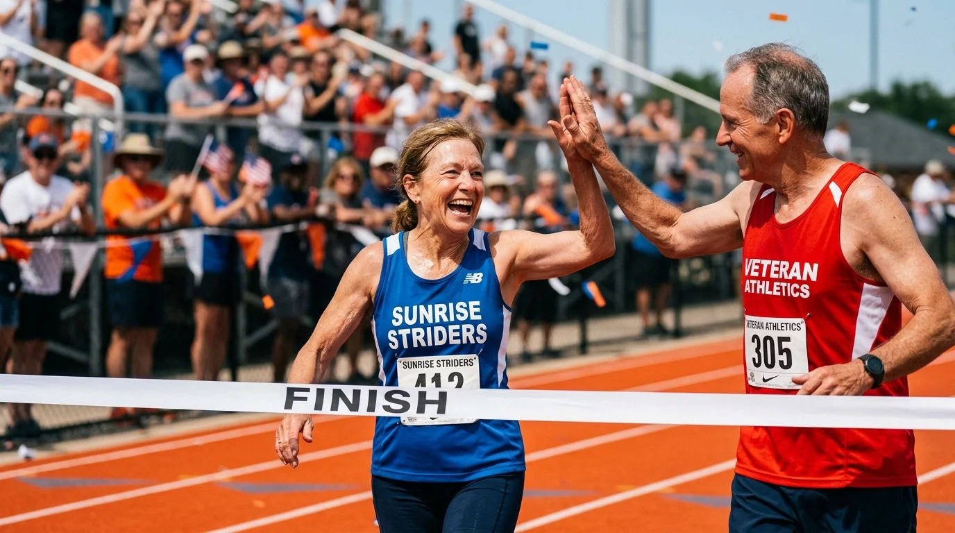 A candid photo of a senior woman celebrating with a high-five at the finish line of a running track.
