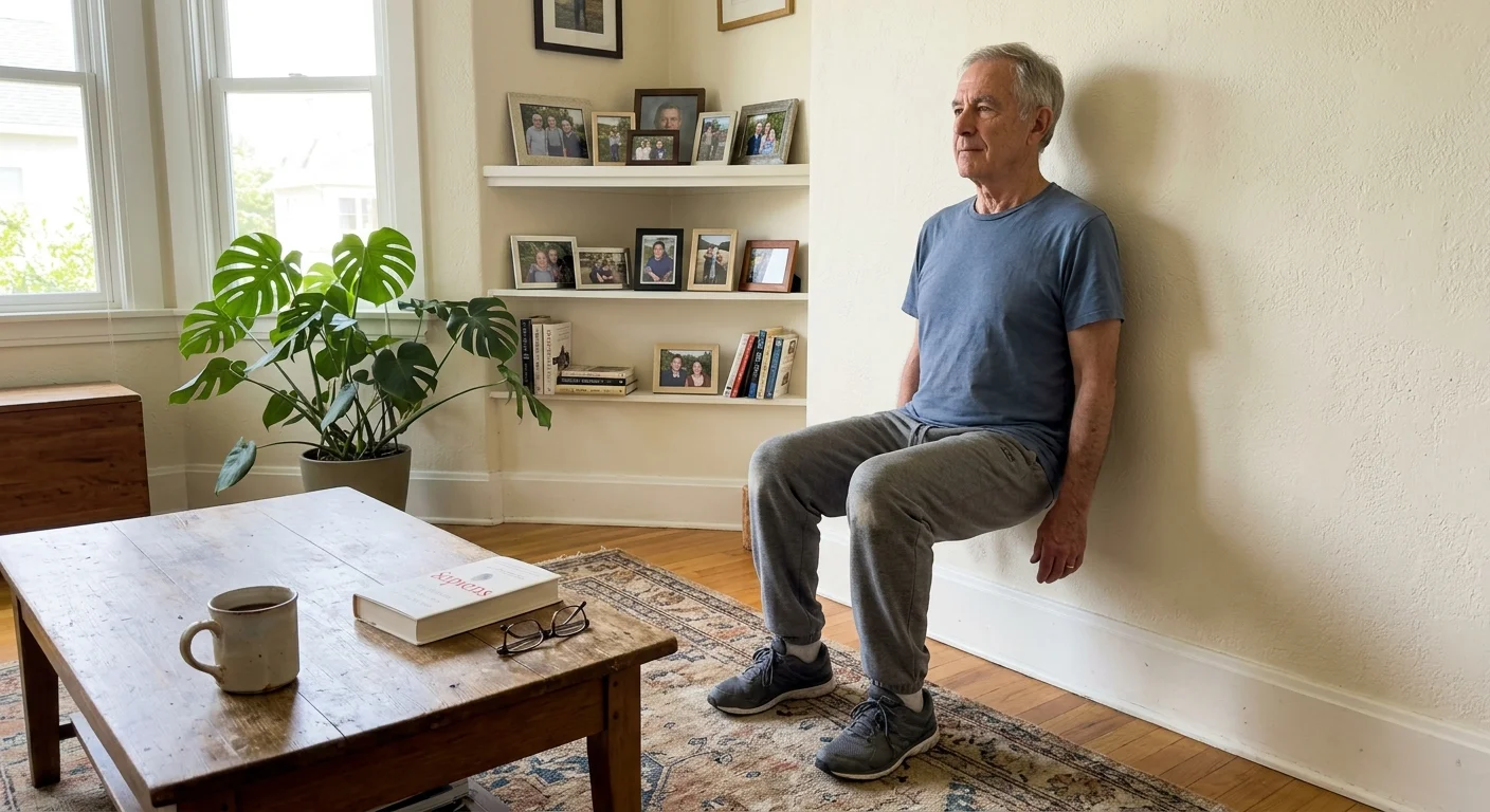 A candid photo of an older man doing a wall-sit exercise in his sunlit, comfortable living room.