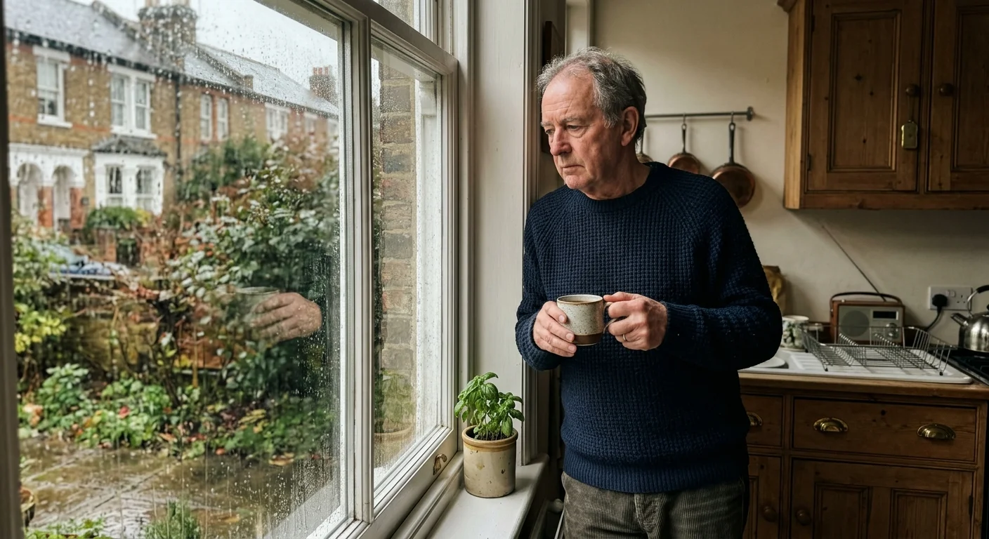 A candid photo of an older man holding a mug and looking out a rainy window from his quiet kitchen.