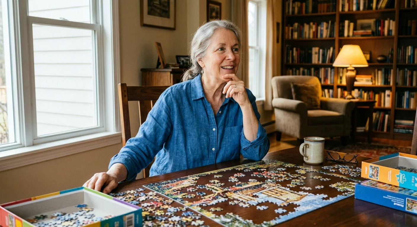 A candid photo of an older woman sitting at a table with a jigsaw puzzle, looking up with a thoughtful, inspired expression.