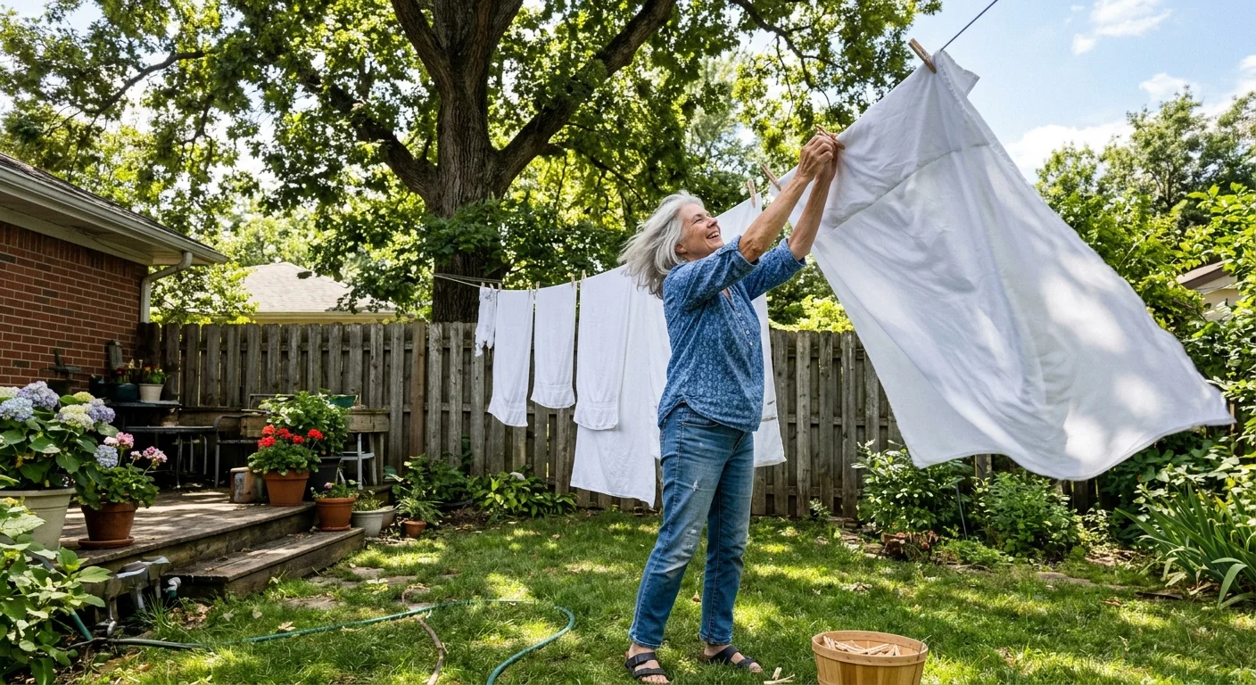 A candid photo of an older woman stretching to hang white laundry on a clothesline in a sunny backyard.
