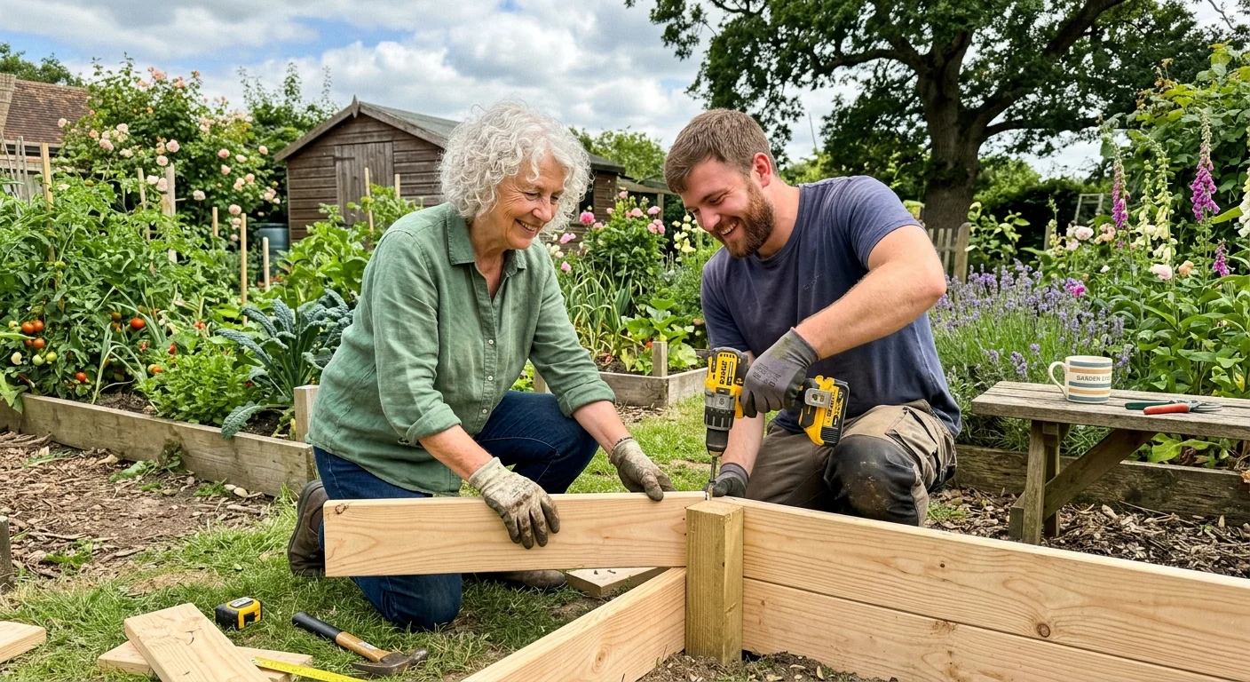 A candid photograph of a retired woman and a young man collaborating on building a raised garden bed in a sunny backyard.
