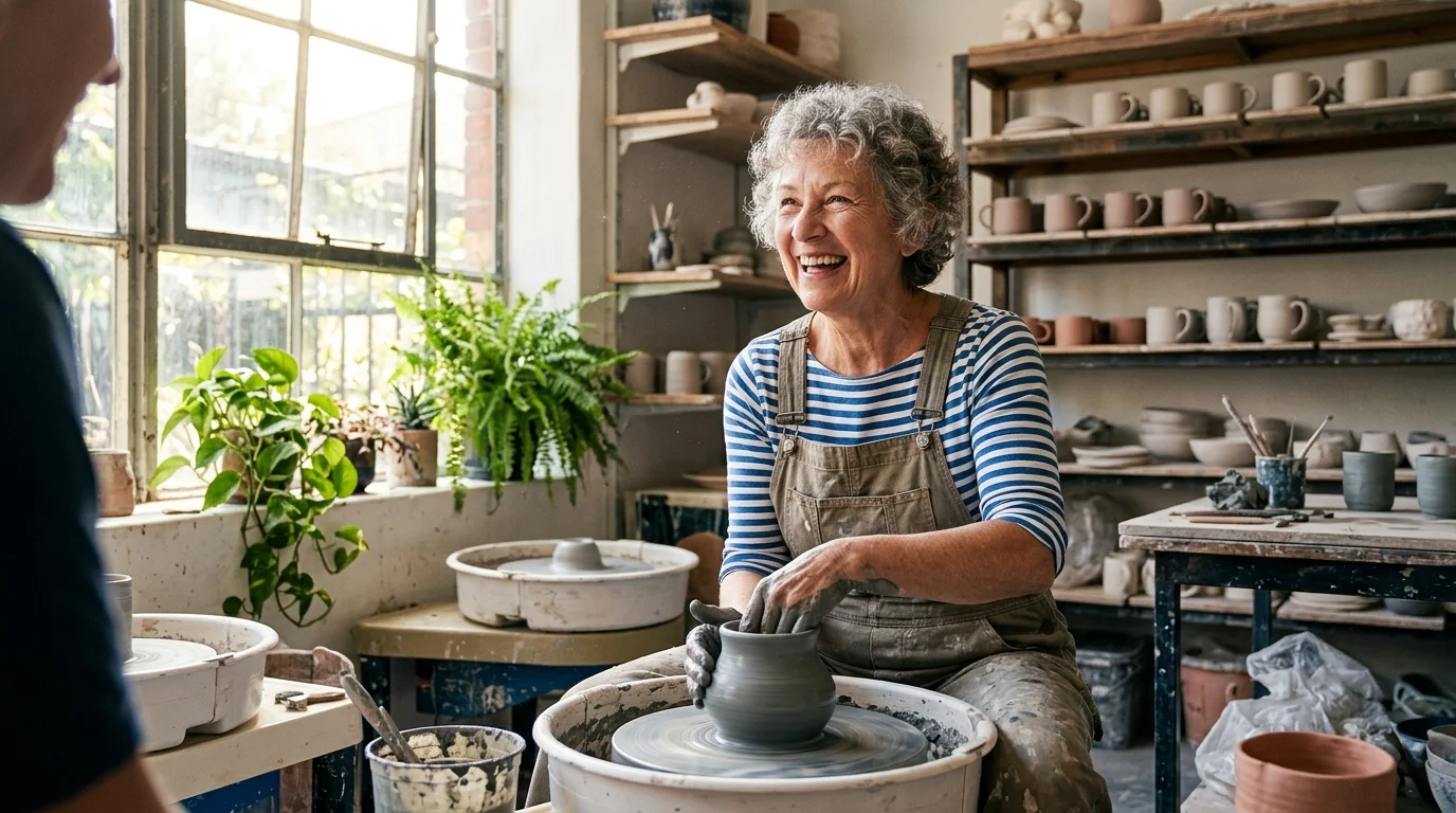 A cheerful 70-year-old woman with clay-covered hands smiles as she shapes pottery at a wheel in her sunlit workshop.