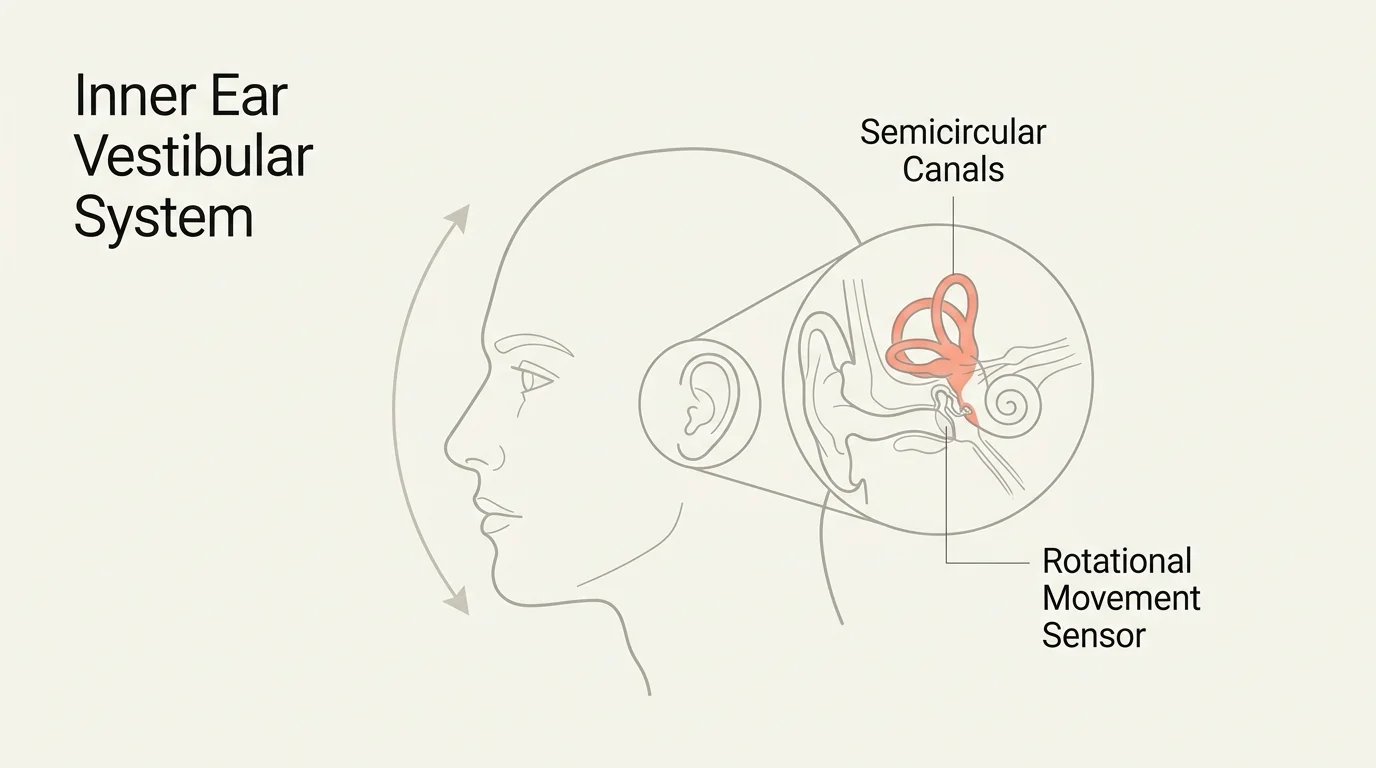A clean anatomical diagram showing the profile of a head with a magnifying callout of the inner ear vestibular system.