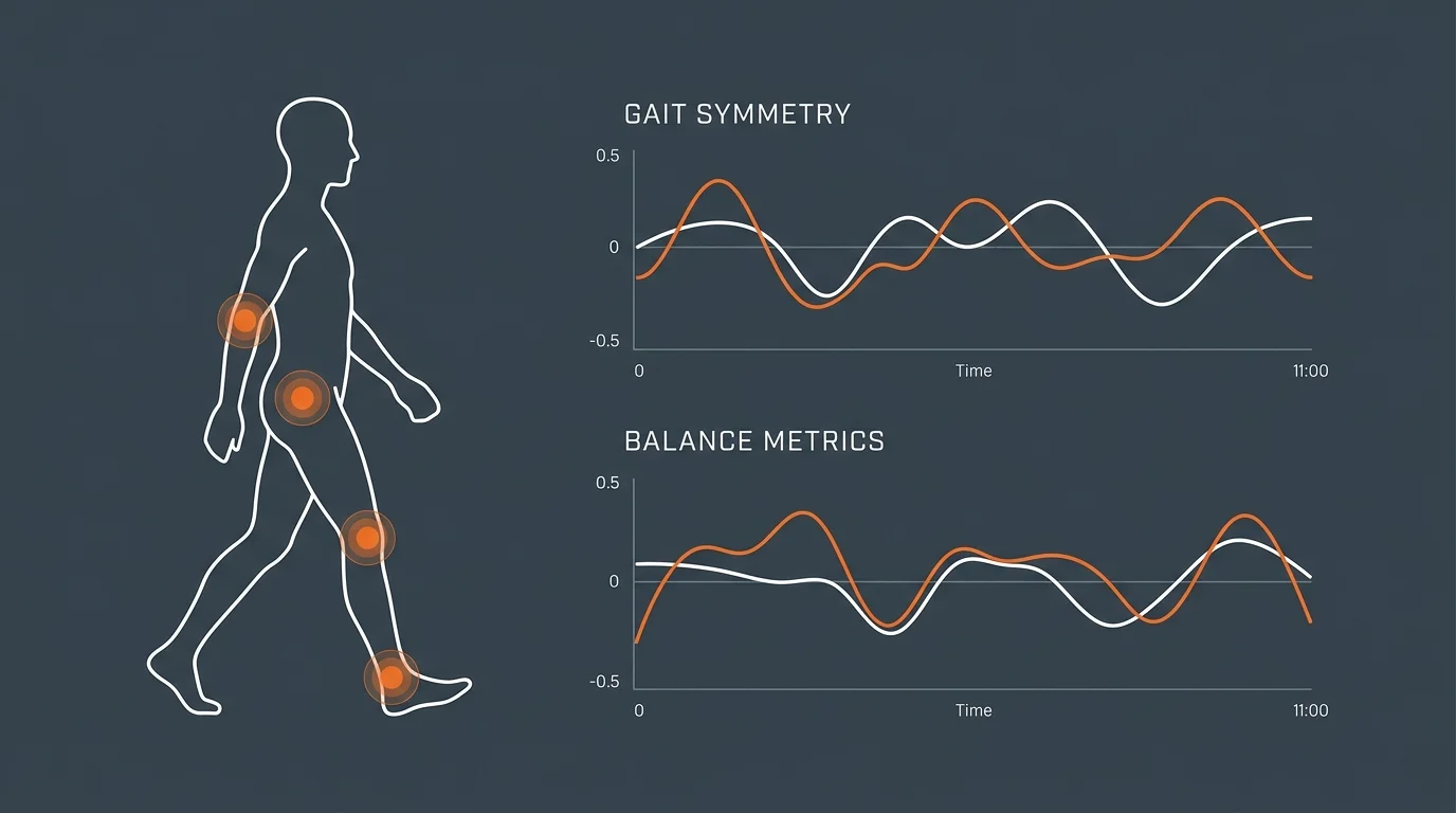 A clean biomechanical diagram analyzing walking gait and balance metrics with bright orange indicators.