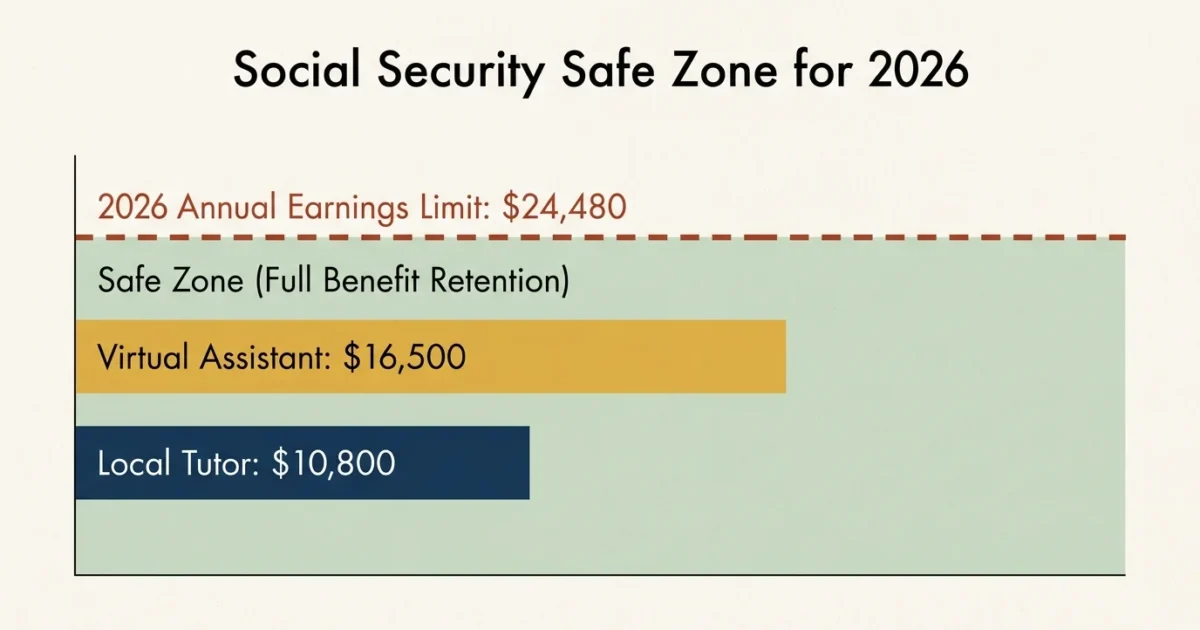 A clean, editorial diagram showing part-time earnings sitting safely below the 2026 Social Security annual limit of $24,480.