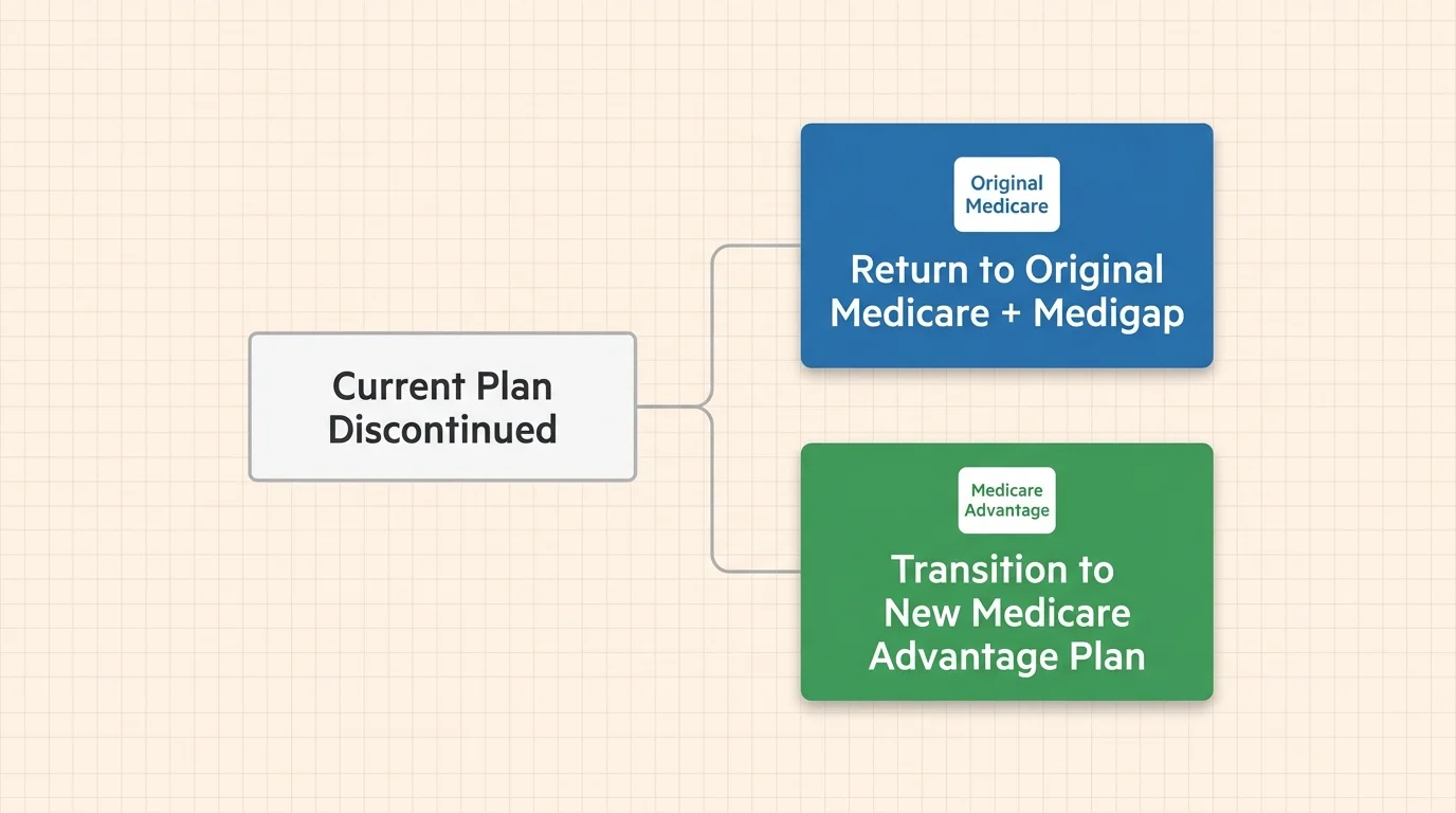 A clean flow chart showing two paths when a plan is discontinued: returning to Original Medicare or choosing a new Advantage plan.