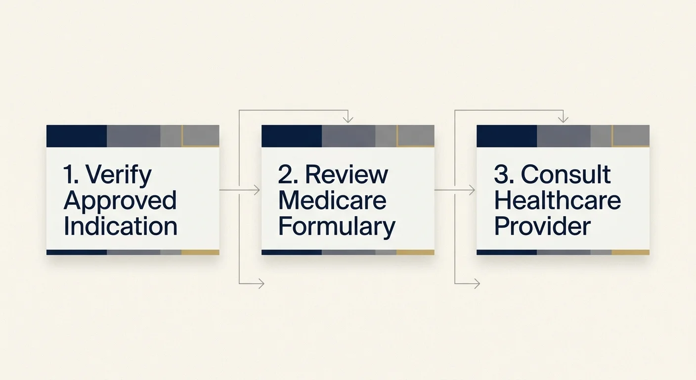 A clean horizontal flowchart detailing steps for Medicare evaluation: Verify Indication, Review Formulary, and Consult Provider.