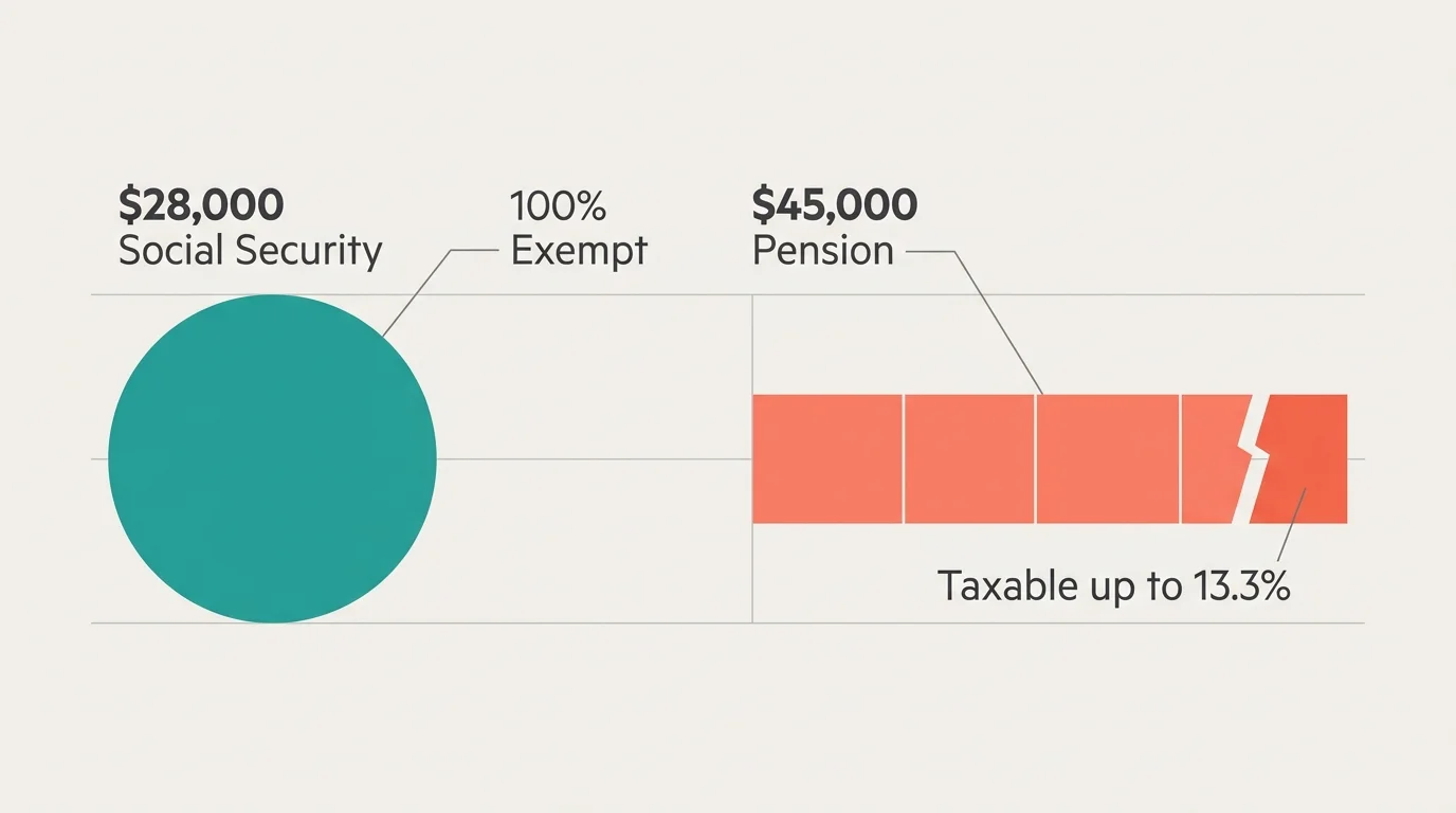 A clean, modern diagram comparing California's 100% tax exemption on Social Security with its progressive tax on pensions up to 13.3%.