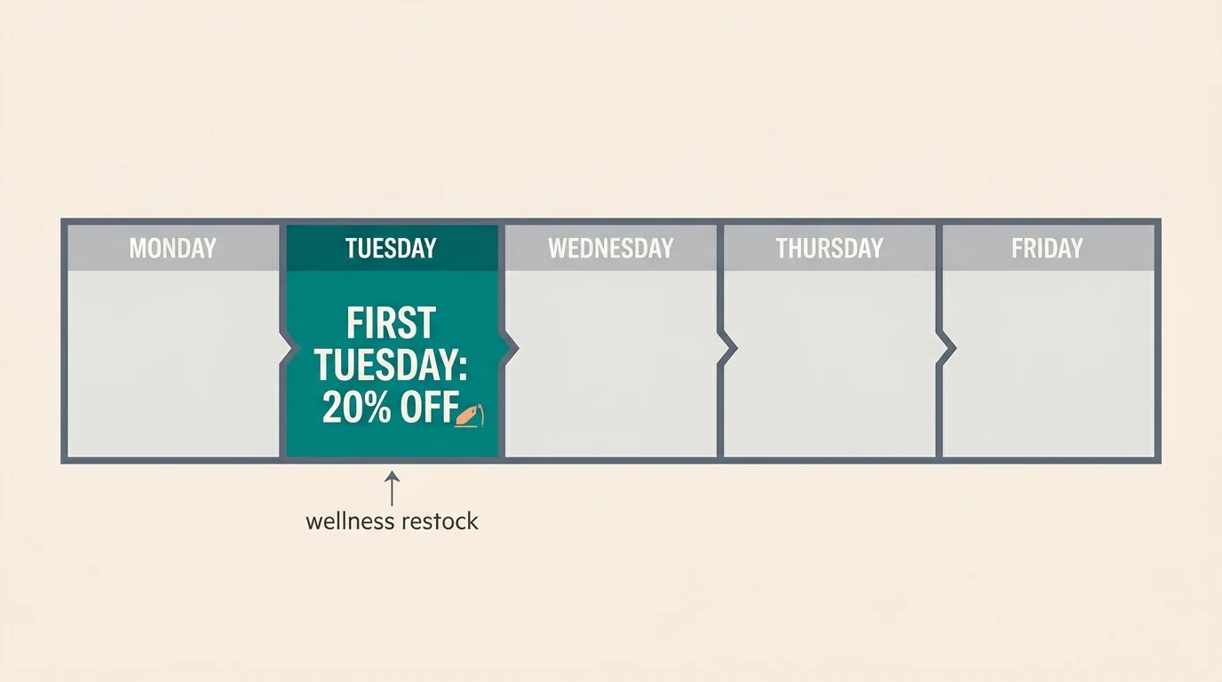 A clean monthly calendar diagram highlighting the first Tuesday of the month with a bold 20% OFF label.
