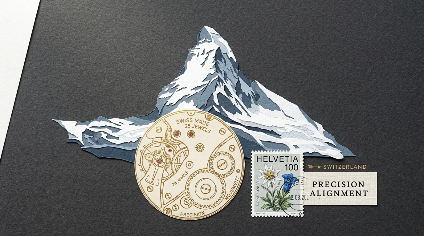 A clean paper-craft collage of the Matterhorn mountain layered over gold watch gear diagrams and a Swiss stamp.