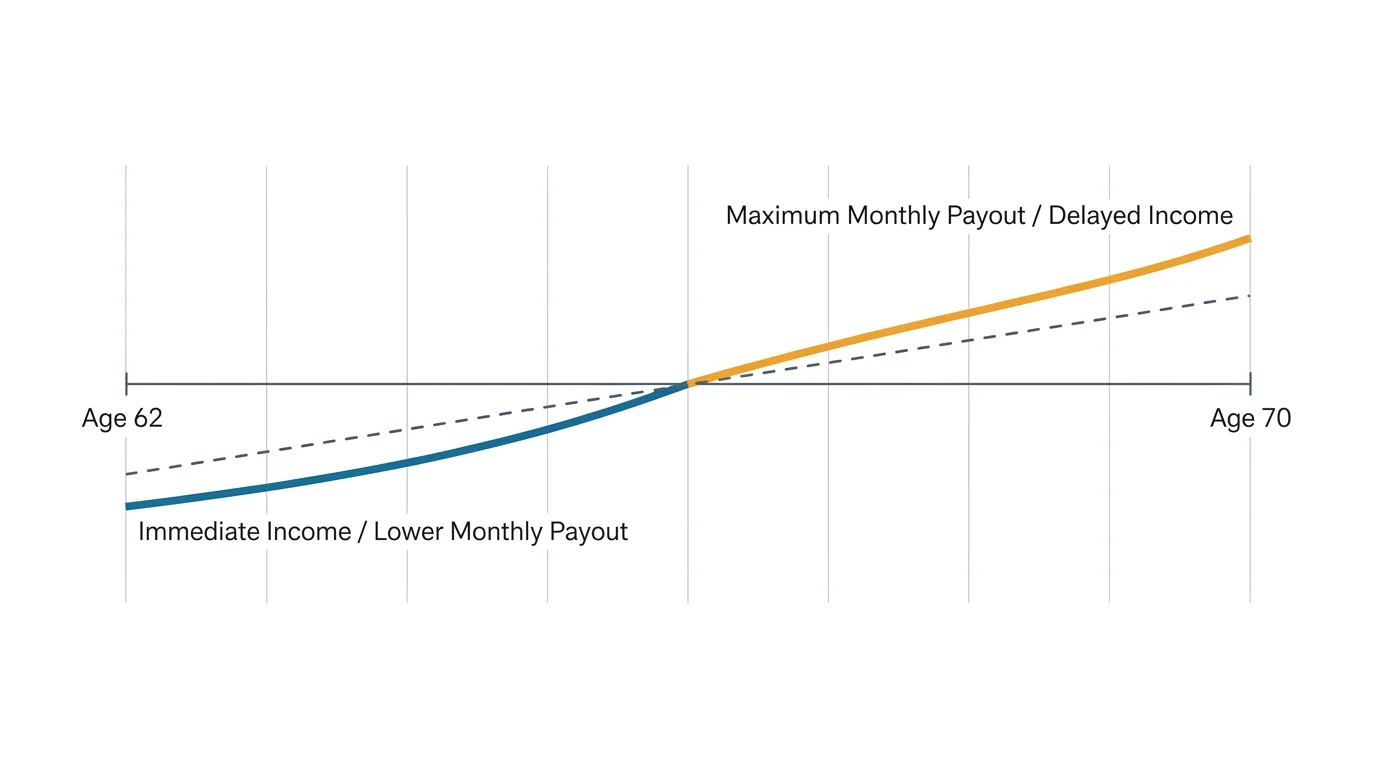A clean timeline diagram comparing claiming benefits early at Age 62 versus delaying until Age 70.